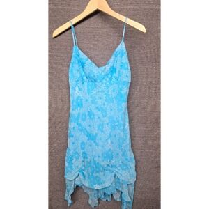 Sfuzi Blue Floral Handkerchief Hem Mini Dress Spaghetti Strap V-Neck Daisy Print